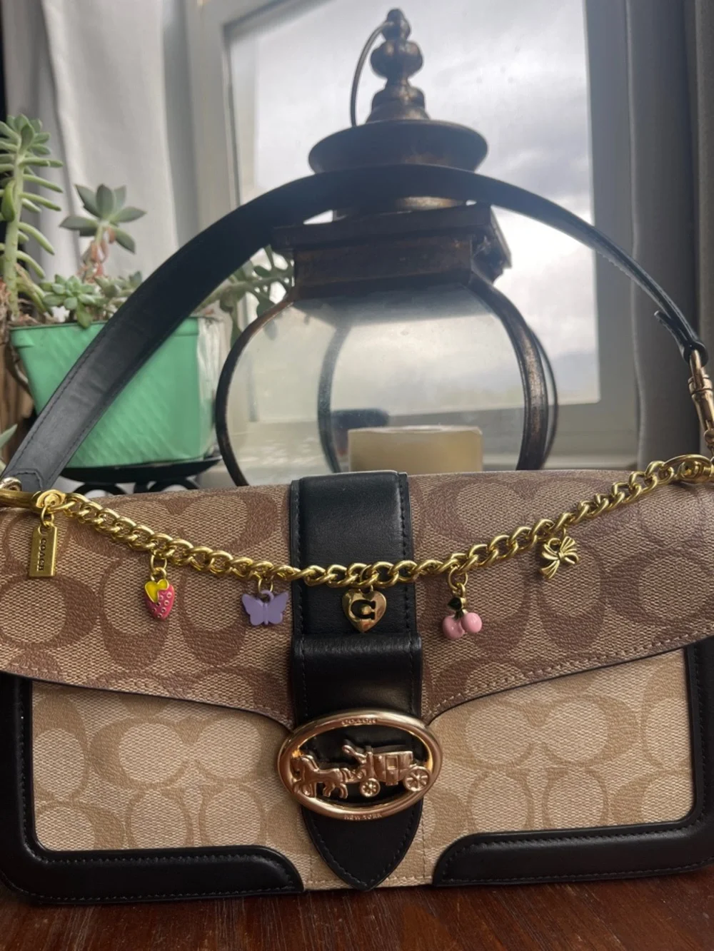 Gold Bag Charm Chain with Pink Accents